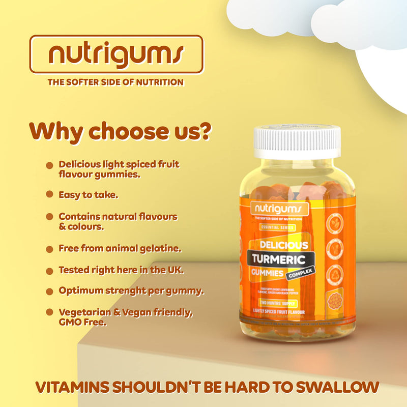 Turmeric Complex 60 Vegan Gummies | Black Pepper & Ginger Light Spiced Fruit Flavour | Active Curcuminoids & Gingerols for Digestion & Anti-Inflammation | Suitable for Vegans by NUTRIGUMS� - BeesActive Australia