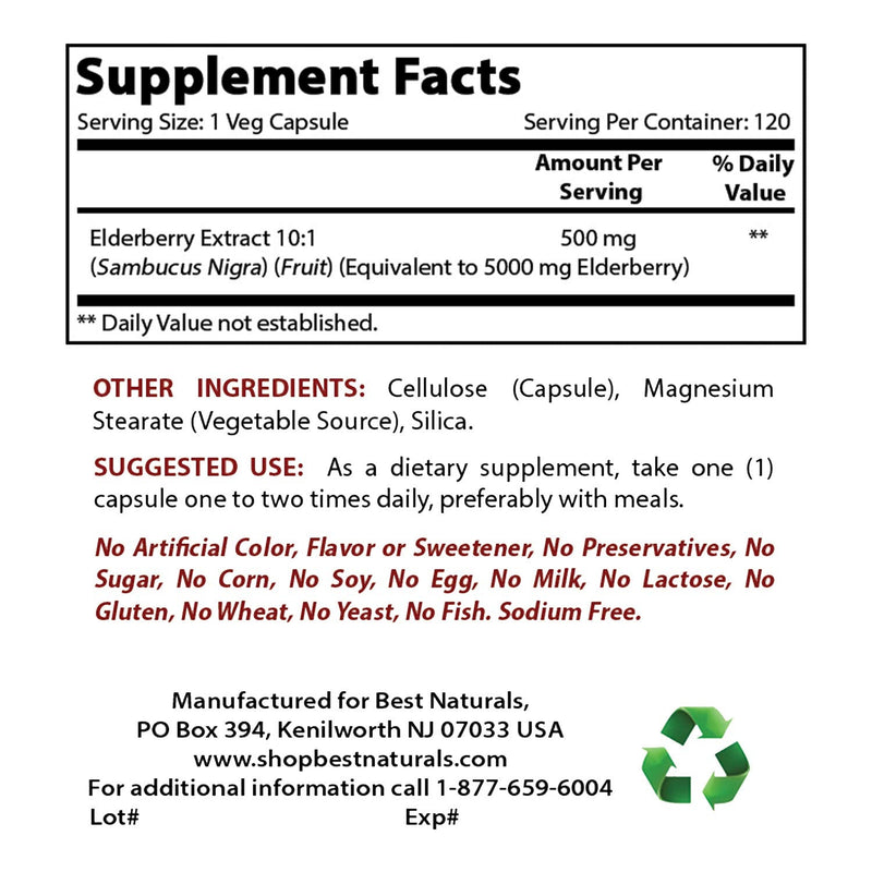 Best Naturals Elderberry Sambucus Nigra 5000mg Equivalent 120 Veg Capsules (120 Count (Pack of 1)) 120 Count (Pack of 1) - BeesActive Australia