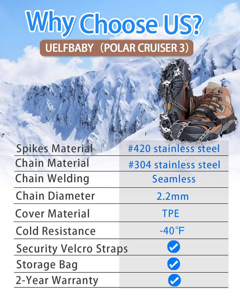 Uelfbaby Crampons Upgraded 19 Spikes Ice Snow Grips Traction Cleats System Safe Protect for Walking, Jogging, or Hiking on Snow and Ice (Fit S/M/L/XL/XXL Shoes/Boots) black Medium - BeesActive Australia