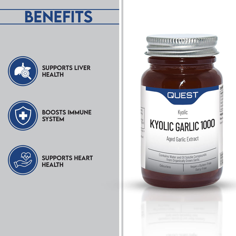 Quest Kyolic Garlic 1000mg High Strength Odourless Aged Garlic Extract for Normal Heart, Liver & Immune Function. Daily Garlic Supplement to Improve Circulation, Liver Detox & Immunity (45 Tablets) Pack Of 1 - BeesActive Australia