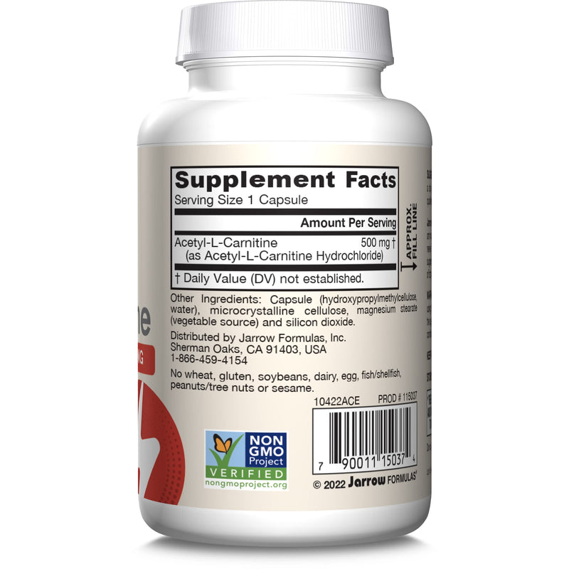 Jarrow Formulas Acetyl L-Carnitine Capsules - 500 mg - 60 Count - for Brain Health & Fatty Acid Metabolism - Vegetable Capsules - Non-GMO - Gluten Free 60 Servings (Pack of 1) - BeesActive Australia