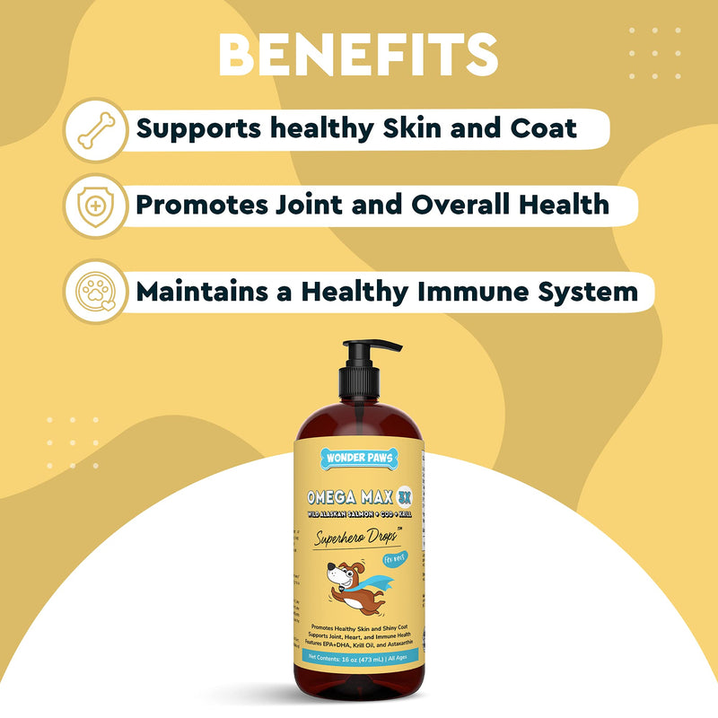 Wonder Paws Fish Oil For Dogs - Omega 3 For Dogs From Alaskan Salmon, Cod & Krill Oil - EPA DHA Fatty Acids - Less Shedding & Itching - Skin, Joint, Immune & Heart Health - 16 oz Pet Liquid Supplement - BeesActive Australia