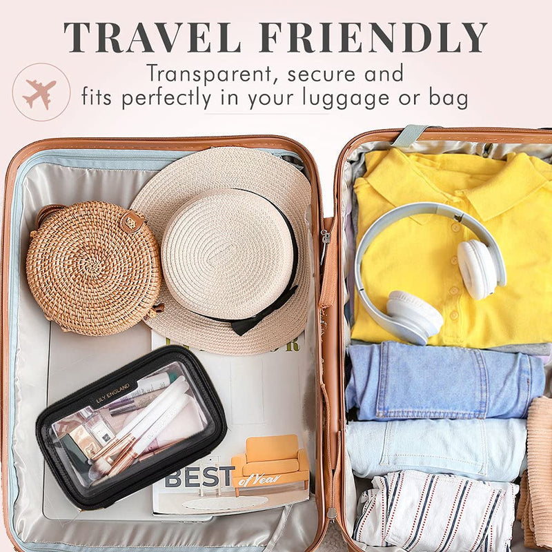 Clear Travel Makeup Bag Organiser - Small Portable Airport Toiletry Cosmetic Case by Lily England, Black and Gold - BeesActive Australia