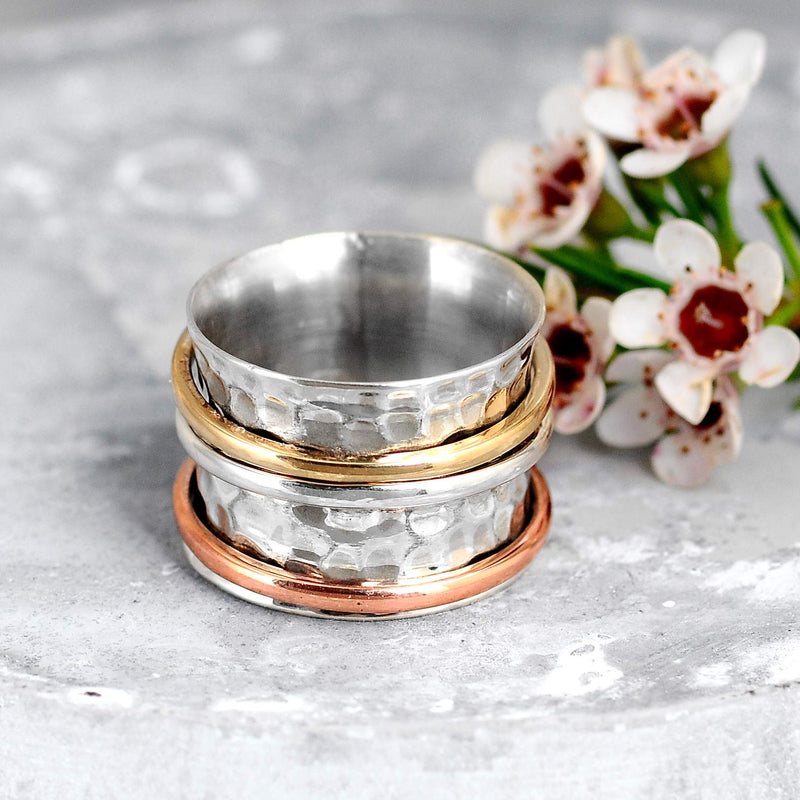 Boho-Magic 925 Sterling Silver Spinner Moonstone Ring for Women with Copper and Brass Fidget Rings Bands 6 - BeesActive Australia