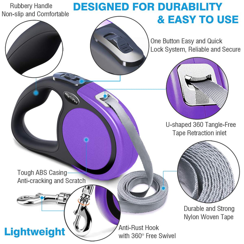 Heavy Duty Retractable Dog Leash-16ft Strong & Durable Walking Leash for S to L Dogs up to 45/115 lbs, Upgraded Lock System, Non Slip Grip, Tangle Free Small/Medium (Pack of 1) Purple - BeesActive Australia
