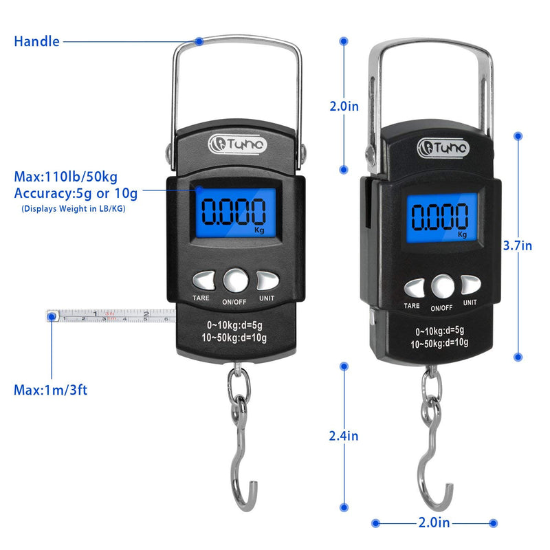 [AUSTRALIA] - TyhoTech Fishing Scale 110lb/50kg Backlit LCD Screen Portable Electronic Balance Digital Fish Hook Hanging Scale with Measuring Tape Ruler, D Shape Buckle and Carry Bag Included 