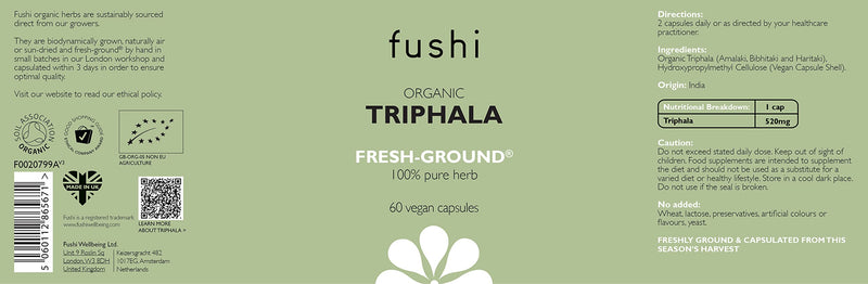 Fushi Organic Triphala Capsules, 60 Caps | Fresh-Ground Whole Food | Body Tonic, Cleansing & Detoxifying the system, Regulating Digestive System | Ayurvedic Medicine| Ethical & Vegan |Made in the UK - BeesActive Australia