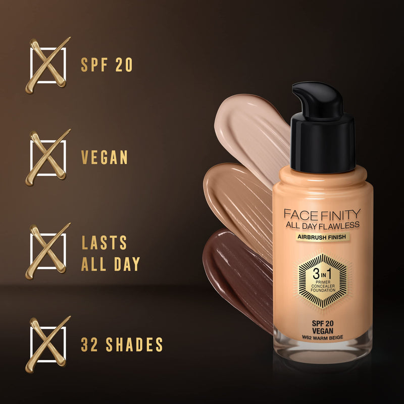 Max Factor Facefinity 3-in-1 All Day Flawless Liquid Foundation, SPF 20 - 62 Warm Beige, 30 ml - BeesActive Australia