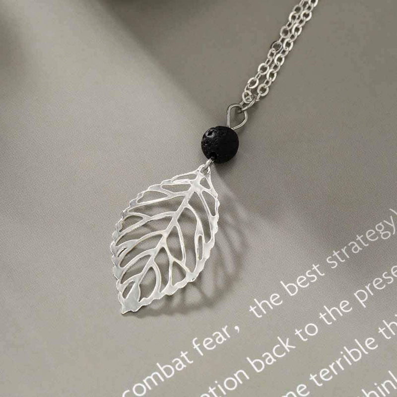 Adflyco Boho Leaf Necklace Lava Bead Pendant Necklaces Chain Jewelry Adjustable for Women and Girls (Silver) Silver - BeesActive Australia