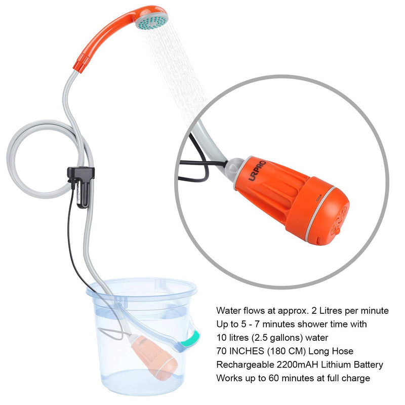 URPRO Portable Camping Shower, Outdoor Shower Head, Shower Pump, Detachable USB Rechargeable Batteries, Pumps Water from Bucket, for Camping, Hiking, Pet Cleaning, Pet Shower, Car Washing - BeesActive Australia