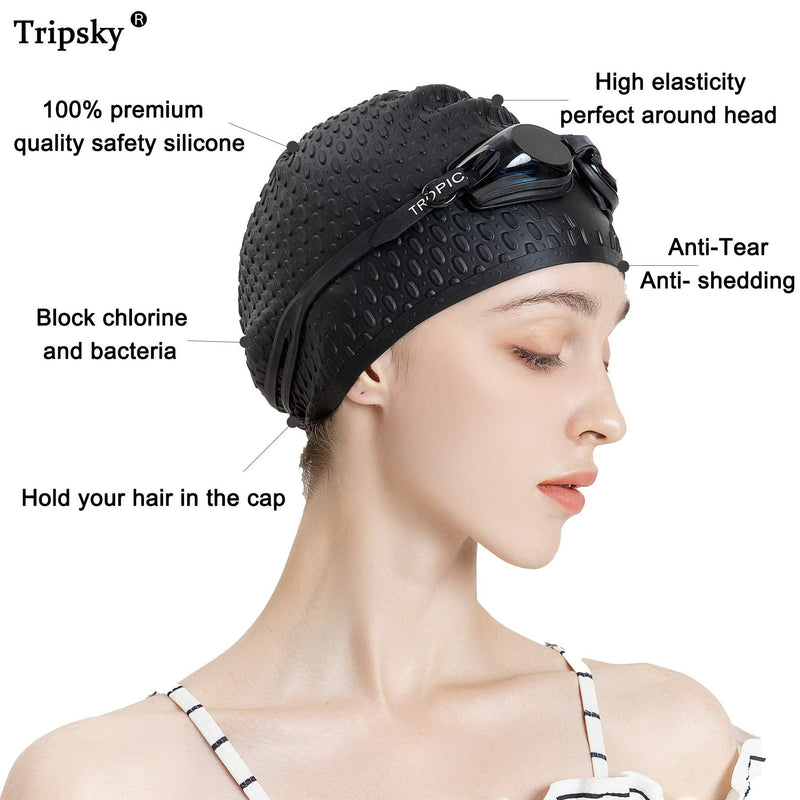 Tripsky Silicone Swim Cap,Comfortable Bathing Cap Ideal for Curly Short Medium Long Hair, Swimming Cap for Women and Men, Shower Caps Keep Hairstyle Unchanged black - BeesActive Australia