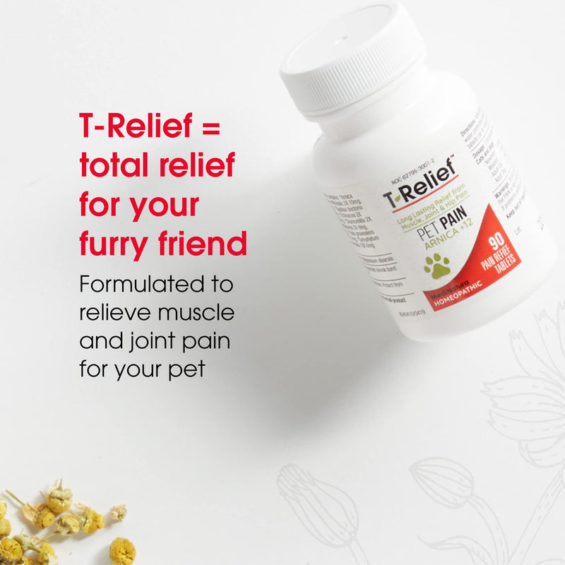T-Relief Pet Pain Relief Arnica +12 Powerful Natural Medicines Help Reduce Muscle, Joint & Hip Pain, Soreness, Stiffness, Injuries in Dogs & Cats - Vet Approved, Fast-Acting Soother - 90 Tablets - BeesActive Australia