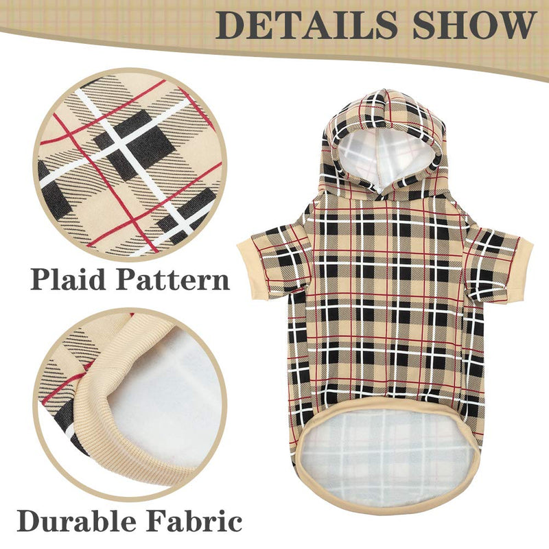 EXPAWLORER Plaid Dog Hoodie - British Style Soft and Warm Dog Sweater with Leash Hole, Hooded Cold Weather Clothes, Dog Sweatshirt, Outfits, Winter Coat for Small Medium Large Dogs Beige - BeesActive Australia