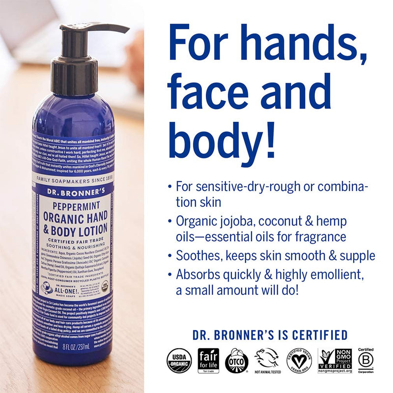 Dr. Bronner's - Organic Lotion (Peppermint, 8 Ounce) - Body Lotion and Moisturizer, Certified Organic, Soothing for Hands, Face and Body, Highly Emollient, Nourishes and Hydrates, Vegan, Non-GMO Peppermint 8 Fl Oz (Pack of 1) - BeesActive Australia