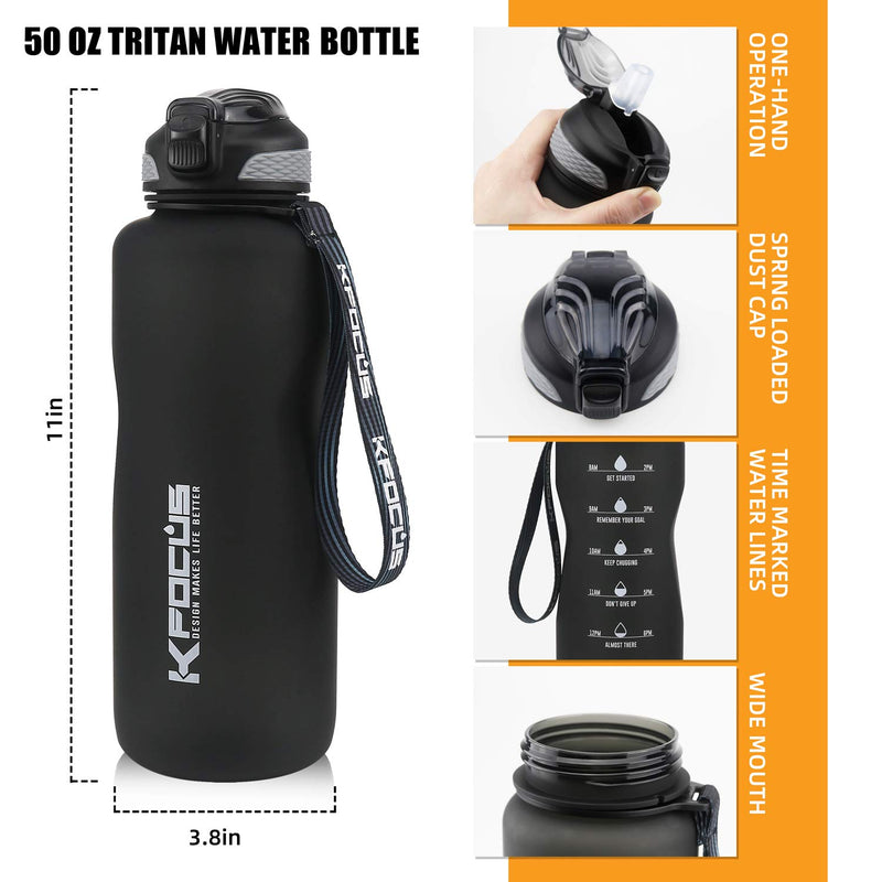 KFOCUS 50oz Wide Mouth Water Bottles with Time Maker & Straw Spout Lid Large Capacity Leakproof Tritan BPA-Free One-Click Open Motivational Water Bottle for Outdoor Sports Camping, Hiking, Training Black - BeesActive Australia