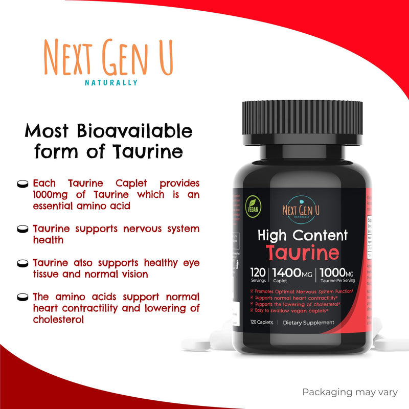 Taurine 1000 mg Food Supplement 120 Vegan Caplets, Dietary Health Supplement Helps Promote Immune & Central Nervous System Functions by Next Gen U - BeesActive Australia