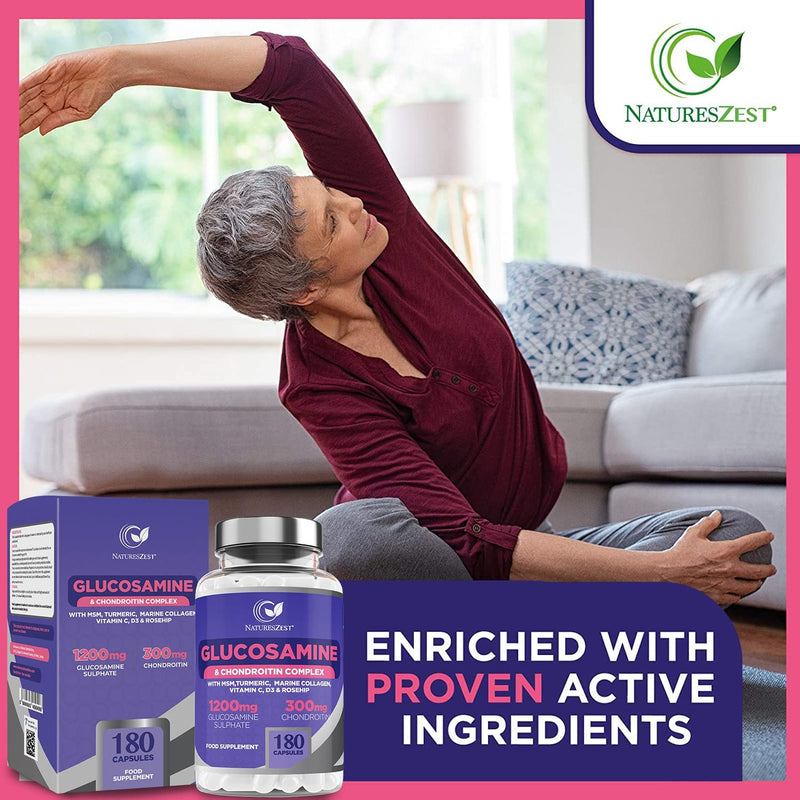 Glucosamine and Chondroitin High Strength Capsules - Glucosamine Complex with MSM � 180 Glucosamine Capsules - with Vitamin C, Rosehip, Turmeric Curcumin & Marine Collagen � UK Made by Natures Zest - BeesActive Australia