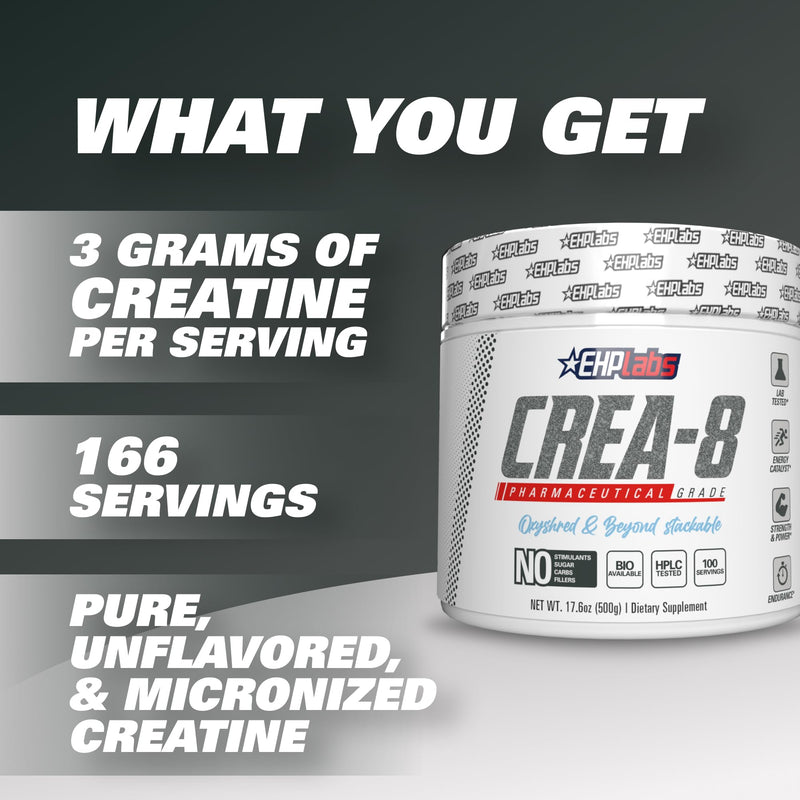 EHPlabs CREA-8 Creatine Monohydrate Powder - Creatine Powder for Building Lean Muscle Mass, Improves Strength & Power, Supports Brain Health - 100 Servings (500g) - BeesActive Australia