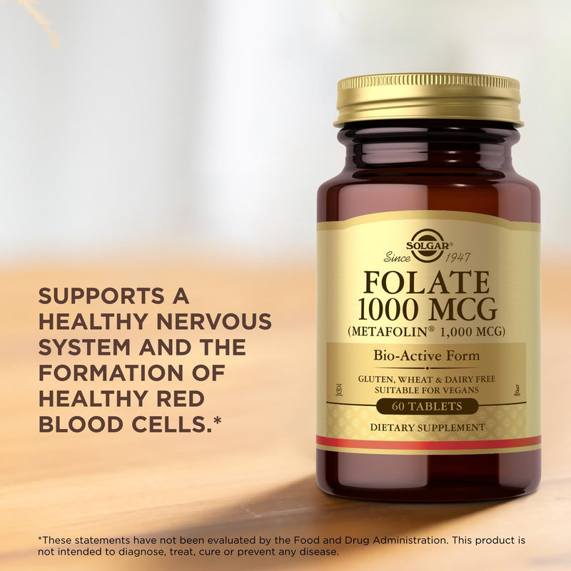 Solgar Folate 1000mcg - High Strength Formula - Healthy Maternal Tissue Growth During Pregnancy - Vegan - 60 Tablets - BeesActive Australia