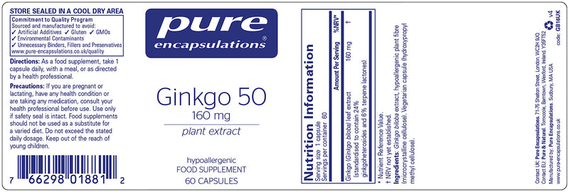 Pure Encapsulations - Ginkgo 50 160mg - Hypoallergenic Ginkgo Biloba Extract Phytonutrient Supplement - 60 Capsules - BeesActive Australia