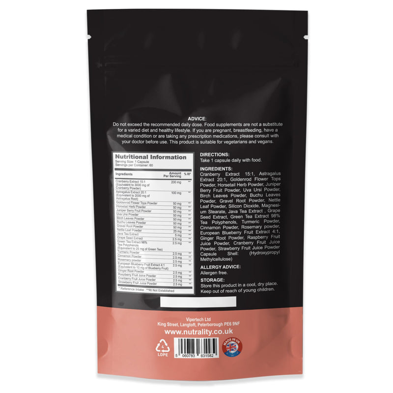 Nutrality Kidney XL Supplement 700mg Advanced Complex - Promotes Healthy Kidney Function and Urinary Tract Health - Natural Ingredients, Cranberry Extract - 60 Capsules. Vegan & Vegetarian Friendly - BeesActive Australia