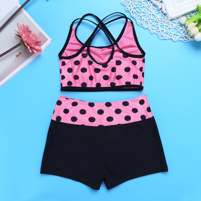 [AUSTRALIA] - moily Big Girls Polka Dot 2 Pcs Athletic Outfit Criss Cross Crop Top with Booty Shorts Dancewear Siwmsuit Hot Pink 12 