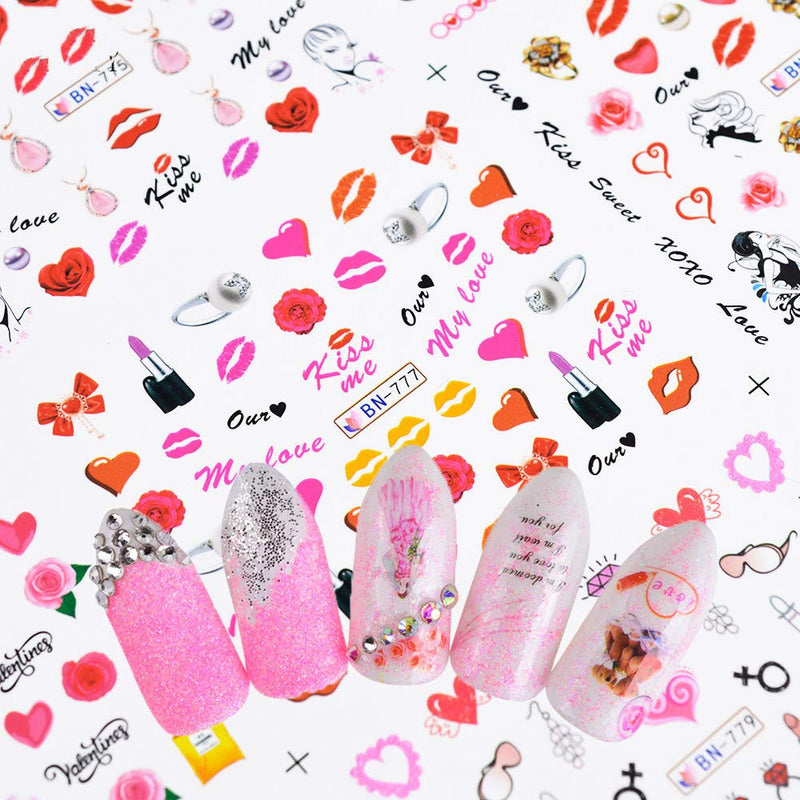 Valentine's Day Nail Art Decals Water Transfer Nail Stickers Film Rose Heart Lips Love Kiss Pattern Nail Art Design Acrylic Nails Supplies Women Girls Manicure Tips Charms Decorations (12 Sheets) - BeesActive Australia