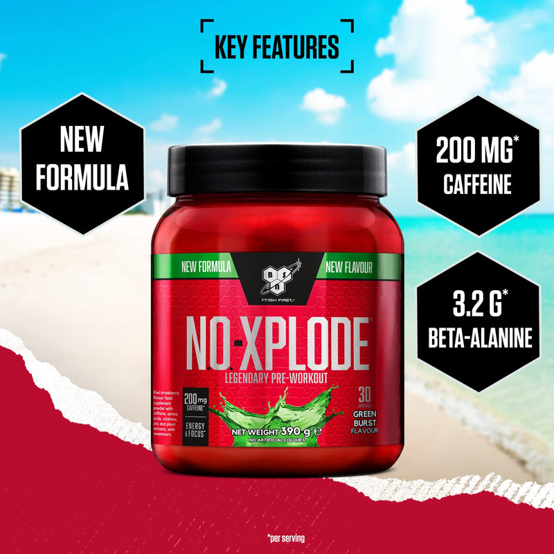 BSN Nutrition N.O.-Xplode Pre Workout Powder Food Supplement, Energy and Focus supportwith Caffeine, Amino Acids, Vitamin C and Zinc, Green Burst Flavour, 30 Servings, 390 g - BeesActive Australia