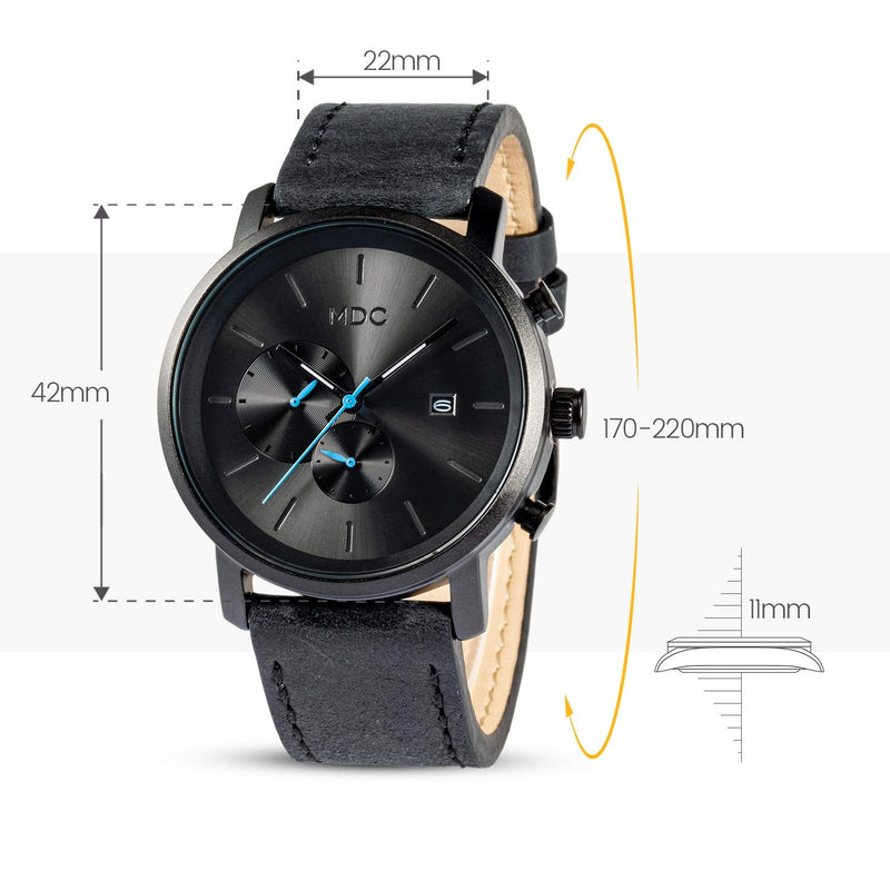 MDC Mens Fashion Watches Black, Chronograph Quartz Wrist Watches for Men, with Auto Date Waterproof, Genuine Leather Band Black Leather Strap - BeesActive Australia