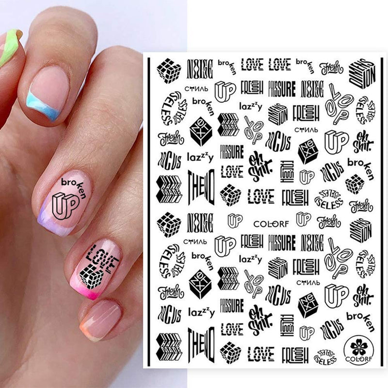 3D Black Nail Art Stickers Decals Nail Art Supplies 3D Adhesive Black Abstract Human Face Line Letter Love Heart Face Cartoon Three-Dimensional Cube Design DIY Nail Decorations 9 Sheets - BeesActive Australia