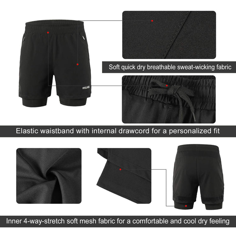 [AUSTRALIA] - ARSUXEO Men's 2 in 1 Active Running Shorts with 2 Zipper Pockets B191 Black X-Large 