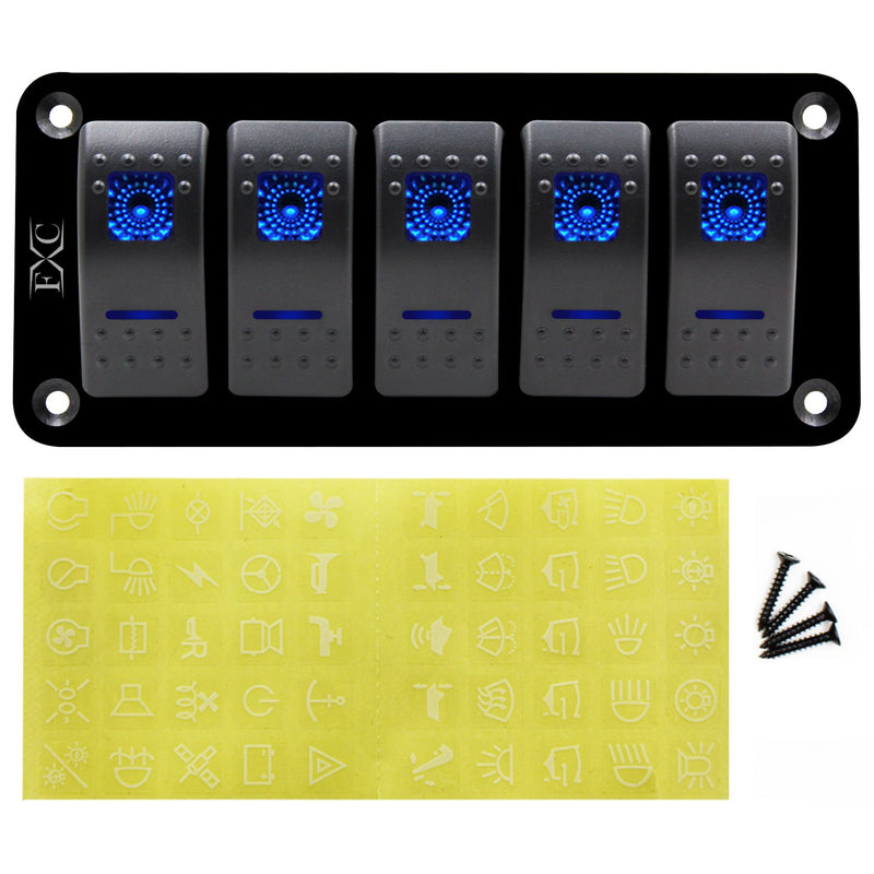 [AUSTRALIA] - FXC Rocker Switch Aluminum Panel 5 Gang Toggle Switches Dash 5 Pin ON/Off 2 LED Backlit for Boat Car Marine Blue 