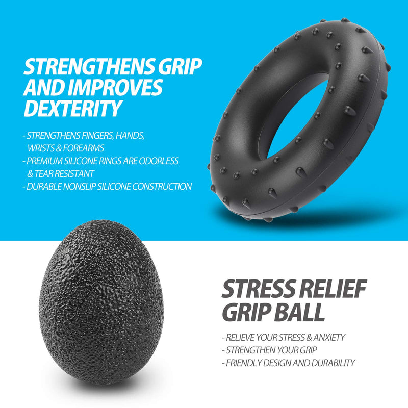 NIYIKOW Grip Strength Trainer Kit with Counter (5 Pack), Counting Grip Strength, Adjustable Hand Grip Strengthener, Finger Trainer, Finger Stretcher, Grip Ring & Stress Relief Grip Ball with Carry Bag Black - BeesActive Australia
