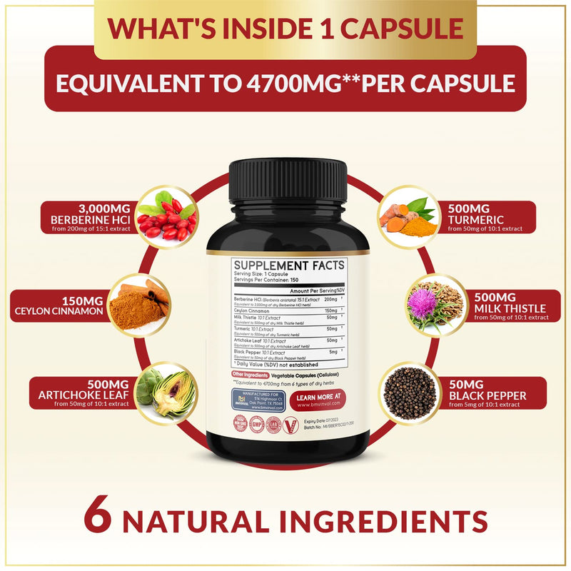 Berberine Supplement 4700mg - 5 Months Supply - High Potency with Ceylon Cinnamon, Turmeric - Supports Immune System, Cardiovascular & Gastrointestinal Function - Berberine HCl Supplement Pills - BeesActive Australia