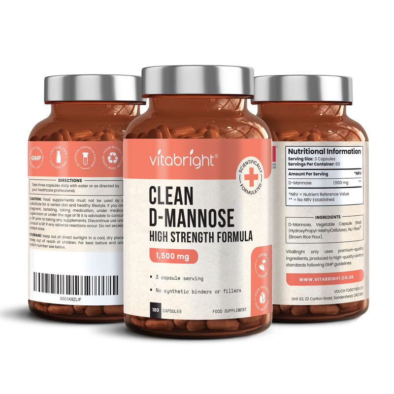 D-Mannose Capsules - High Strength 1500mg per Serving of 3 Capsules - 180 Capsules (60 Day Supply) - Contributes to Healthy Urinary Tract & Bladder - Natural Ingredients - Made in UK by VitaBright 180 Count (Pack of 1) - BeesActive Australia
