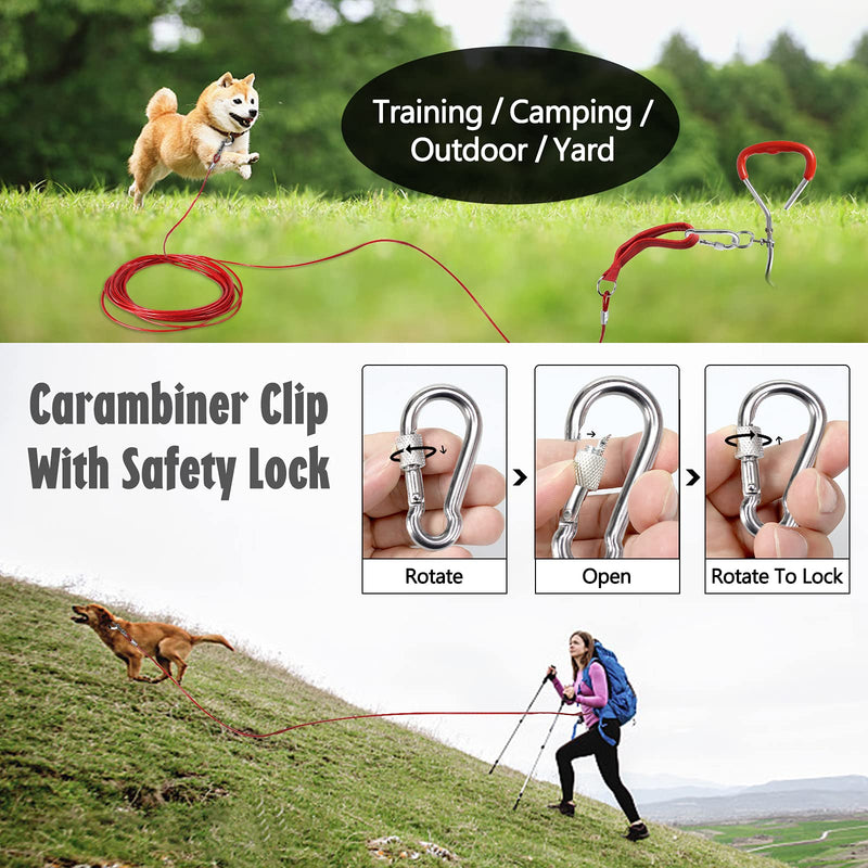 Long Dog Leash Chew Proof, Tie Out Cable for Dogs Heavy Duty 10/20/30/50 ft with Carabiner, Dog Leads for Yard for Medium Large Dogs, Durable Dog Long Leashes with Padded Handle for Training Walking Red 30FT - BeesActive Australia