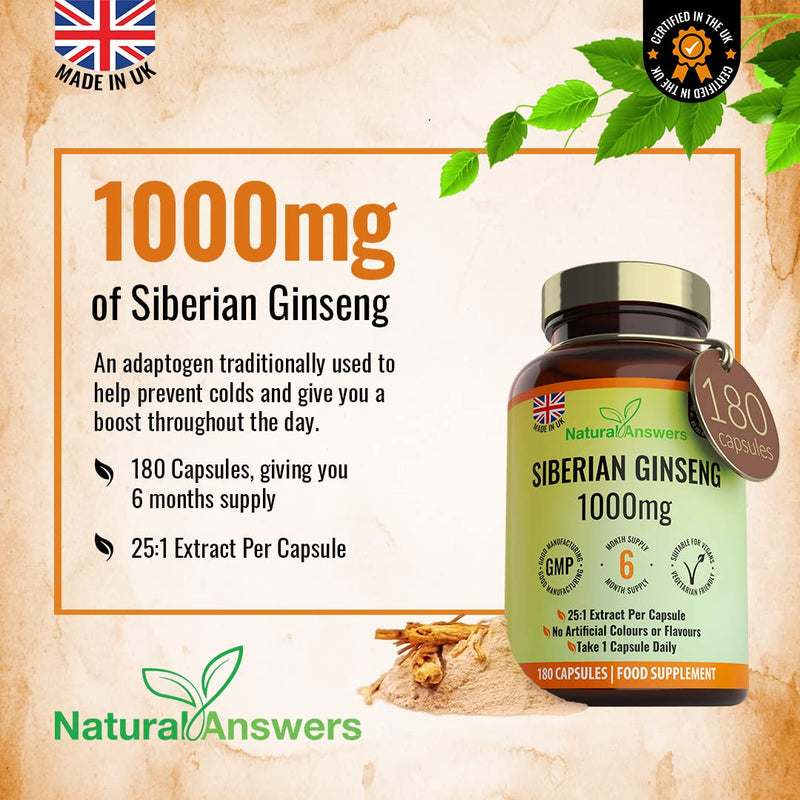 180 Siberian Ginseng Vegan Capsules 1000mg - (6 Months Supply) Immune Support Supplement - UK Manufactured - BeesActive Australia