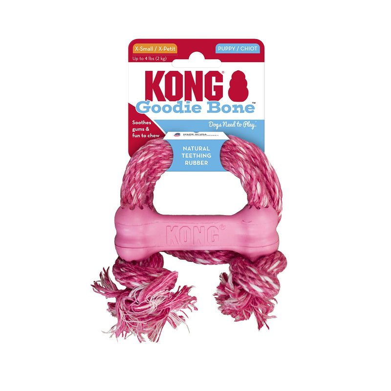 KONG - Puppy Goodie Bone with Rope - Teething Rubber, Teeth Cleaning Dog Toy - for X-Small Puppies Pink - BeesActive Australia