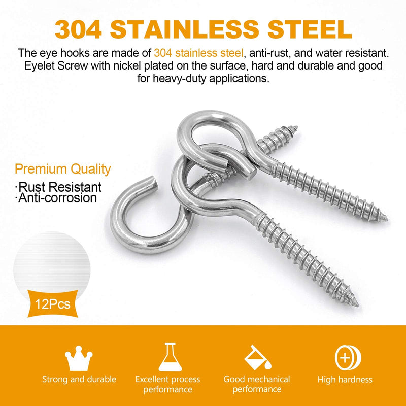 Pack of 12 M6 Metal Hooks, heavy-duty304 Stainless Steel Screw Hooks, self-Tapping Eye-Ring Bolt Hooks, Wooden Terminal Eye-Hole Hooks, Pendant Lights and Wires, Strong Indoor and Outdoor(3.2"X12PCS) 3.2"X12PCS - BeesActive Australia