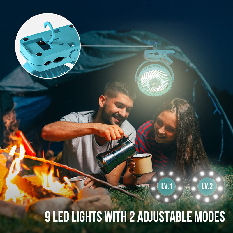 Camping Fan with LED Light - 12000mAh 65 Hours Battery Powered Fan, Rechargeable Fan Use As Power Bank, Tent Fan with Hanging Hook, Portable Clip On Fan, Ceiling Fan for Tent Golf Cart RV Stroller Bed - BeesActive Australia
