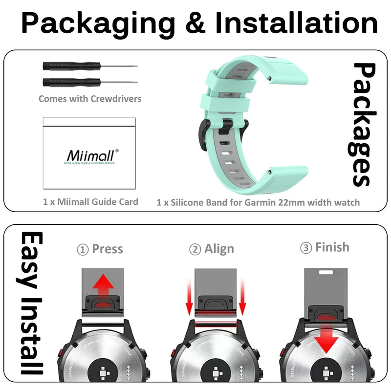 Miimall Compatible Garmin Fenix 7/6/5 Bands, 22mm Width Soft Silicone Sport Waterproof Replacement Strap Band for Garmin Fenix 7/7 Solar/7 Sapphire Solar/6/5/Garmin Instinct Women Man(Mint Green+Grey) Mint Green+Grey - BeesActive Australia