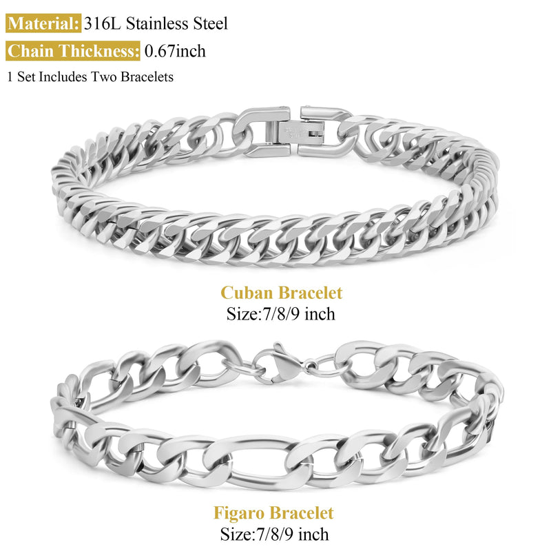 Aospkle 2PCS Cuban Link Figaro Bracelet, Silver Gold Black Sturdy 316L Stainless Steel Cuban Link Chain for Men Jewelry Set with Gift Message Card 8mm, 7/8/9 Inches 7 inches - BeesActive Australia