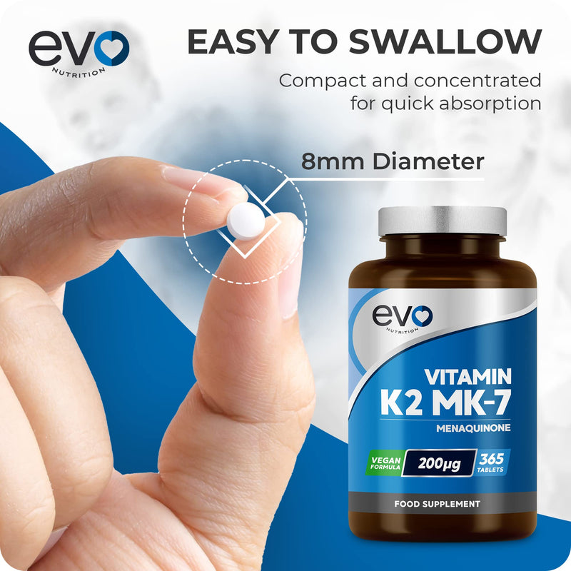 EVO NUTRITION Vitamin K2 MK-7 200mcg | 365 Vegetarian and Vegan Tablets (not Capsules) | 1-A-DAY | Supports Maintenance of Normal Bones | One Years Supply of High Strength Vitamin K2 Menaquinone MK7 - BeesActive Australia