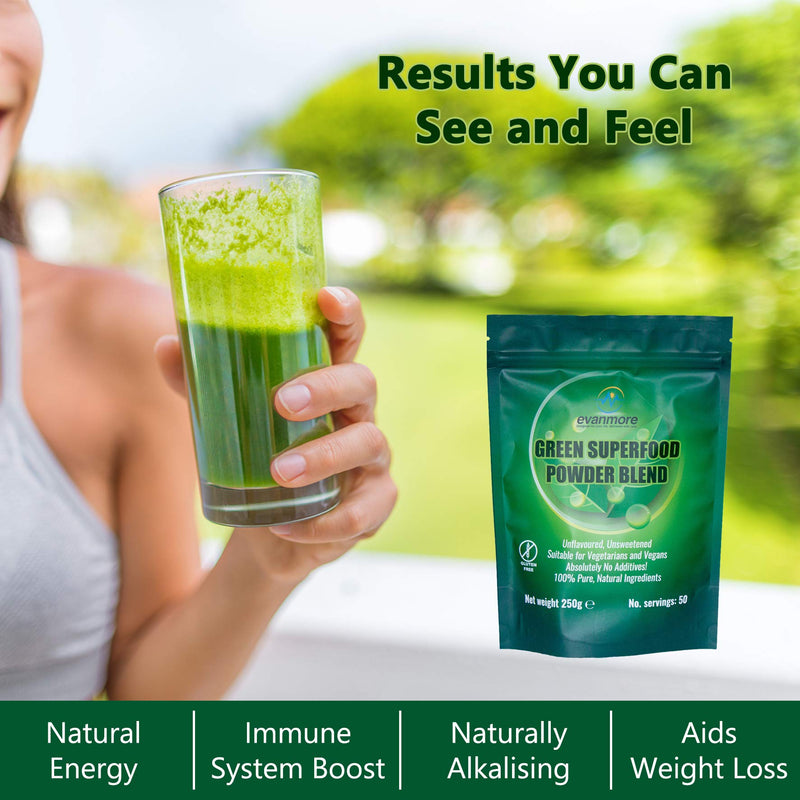 Super Greens Powder Blend - Vitamin Mineral Nutrient Rich - Immune System & Energy Boost - Vegan Vegetarian Superfoods Supplement Alkaline 100% Natural Gluten Free Detox- 250g 50 Servings, Evanmore - BeesActive Australia
