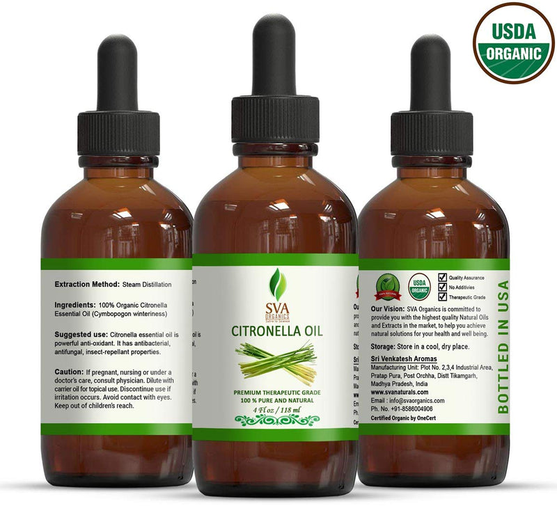 SVA Organics Citronella Essential Oil Organic USDA 4 Oz Pure Natural Therapeutic Grade Oil for Skin, Body, Diffuser, Candle Making - BeesActive Australia