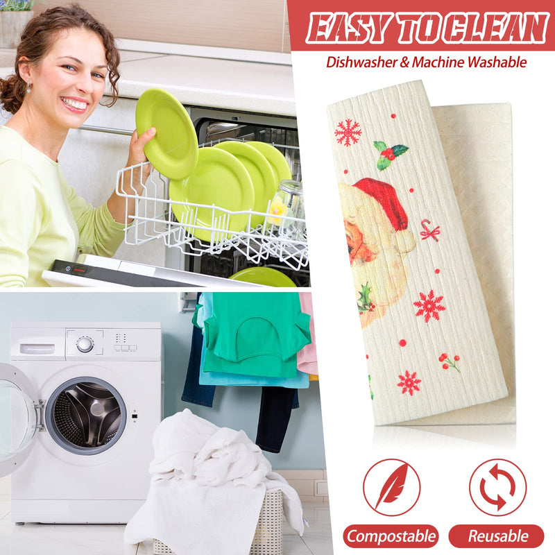 6 Pieces Christmas Swedish Kitchen Table Dishcloths Reusable Christmas Dish Towels Absorbent Cleaning Cloth Fast Dry Kitchen Dishcloth with Santa, Snowman, Christmas Tree, Deer for Kitchen Cleaning Bright Style - BeesActive Australia