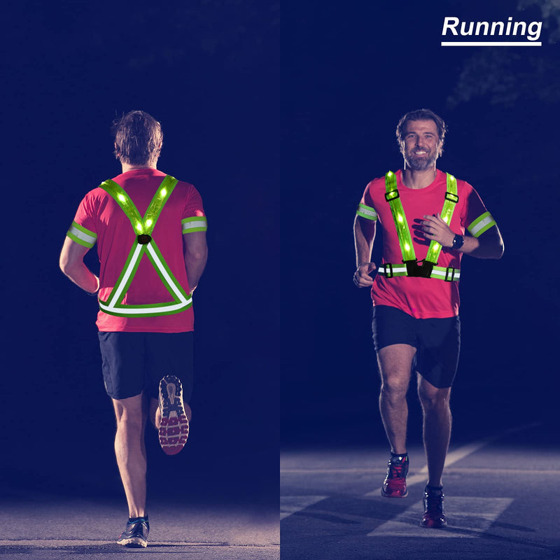 SATINIOR 2 LED Reflective Safety Vest USB Rechargeable Light up 4 Armband Storage Bags High Visibility Bands for Running Jogging Cycling Hiking Walking, Green - BeesActive Australia