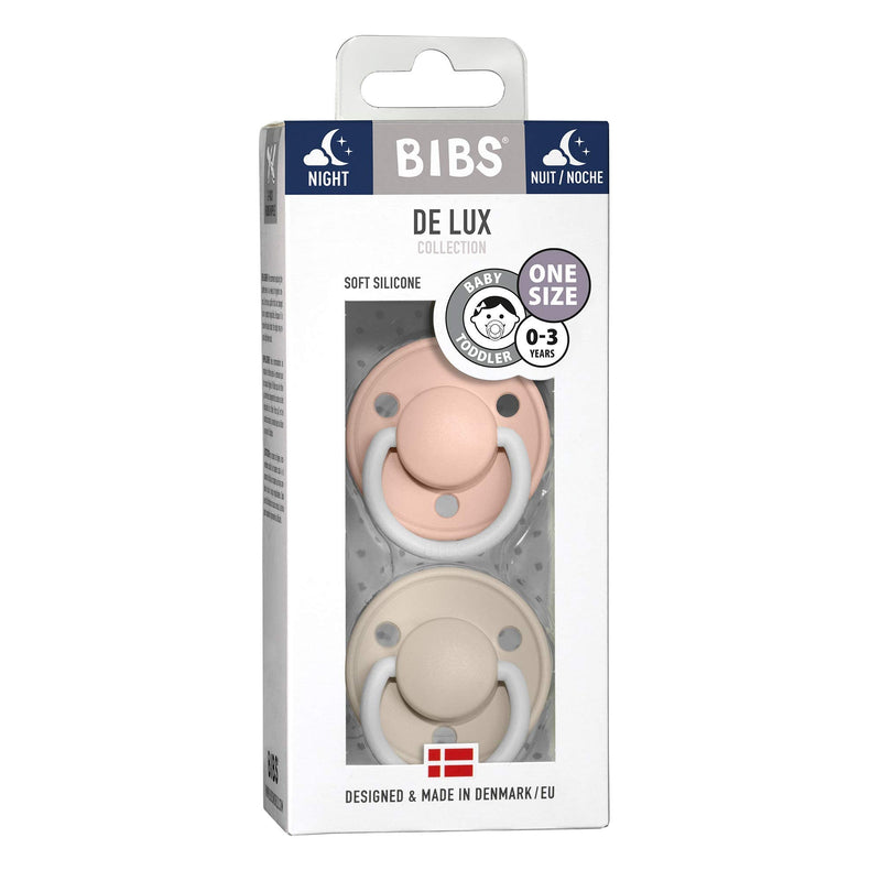 BIBS Pacifiers - De Lux Collection | BPA-Free Baby Pacifier | Made in Denmark | Set of 2 Blush Night/Vanilla Night Color Premium Soothers | Size One Size - BeesActive Australia