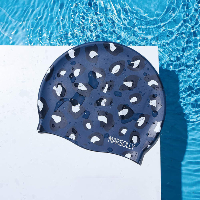 Marsolly Silicone Swim Cap for Women, Waterproof Long Hair Swimming Caps with Leopard Printed Navy - BeesActive Australia