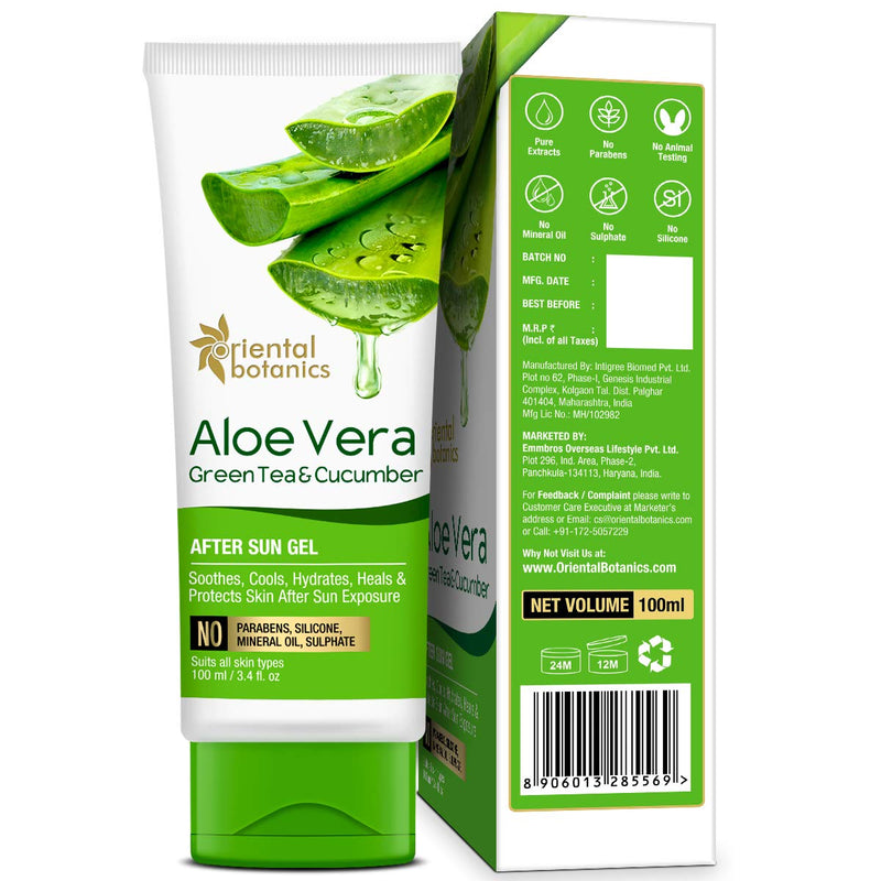 Oriental Botanics Aloe Vera, Green Tea & Cucumber After Sun Gel - No Silicone, Paraben, 100ml - BeesActive Australia